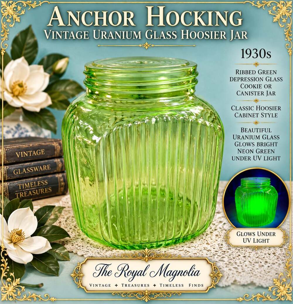 Anchor Hocking Vintage Uranium Glass Hoosier Canister Cookie Jar